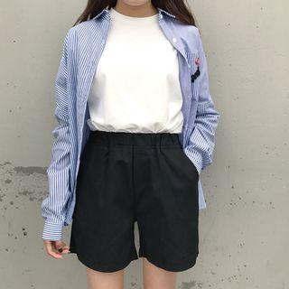 Plain Elastic-waist Wide-leg Shorts