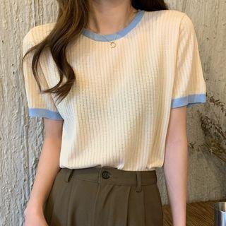 Contrast-trim Round-neck Short-sleeve Knit Top