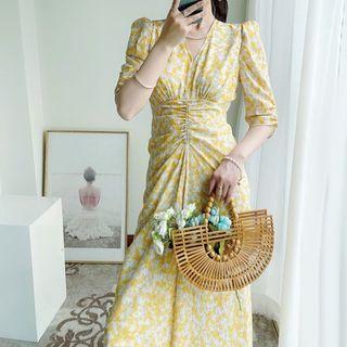 Elbow-sleeve Floral Print Ruched Midi A-line Dress