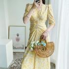 Elbow-sleeve Floral Print Ruched Midi A-line Dress