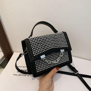 Faux Leather Rhinestone Flap Crossbody Bag