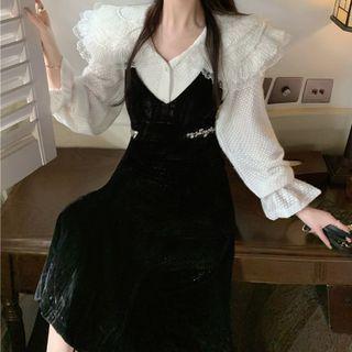 Spaghetti Strap Velvet Midi A-line Dress / Lace Trim Blouse