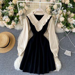 Color Panel Lapel Knit Dress