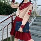 Long-sleeve Sailor Collar Blouse / Plain Pleated Mini Skirt