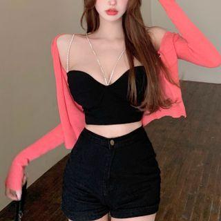 Long-sleeve Knit Cardigan / Sleeveless Cropped Top