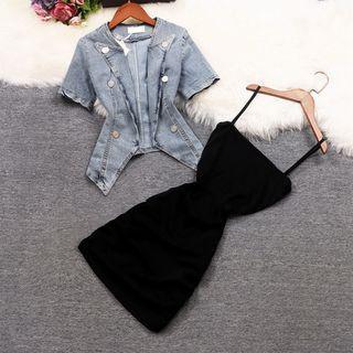 Set: Short-sleeve Washed Denim Jacket + Spaghetti Strap Mini Sheath Dress