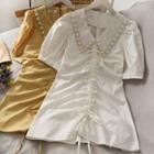 Pearl-trim Drawstring Mini Shirtdress