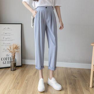 Plain High-waist Straight-cut Cropped Pants