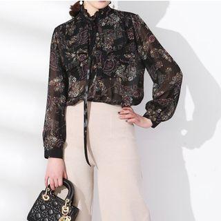 Long-sleeve Patterned Chiffon Buttoned Blouse