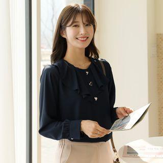 Ruffle-trim Heart-button Blouse