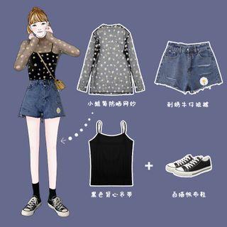 Long-sleeve Floral Sheer T-shirt / Spaghetti Strap Top / Frayed Denim Shorts