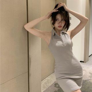Sleeveless Collared Knit Mini Sheath Dress