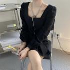 Square Neck Long-sleeve Dress Black - One Size
