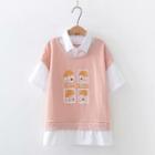 Mock Two-piece Short-sleeve Cartoon Shirt