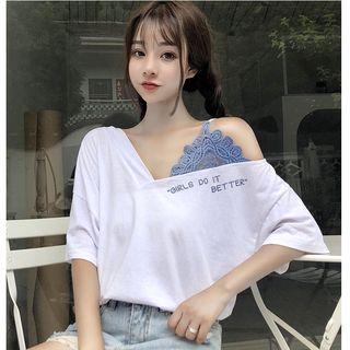 Lettering Elbow-sleeve Mock Two-piece T-shirt