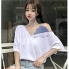 Lettering Elbow-sleeve Mock Two-piece T-shirt