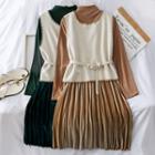 Set: Pleated Velvet-hem A-line Dress + Vest With Belt