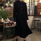 Ruffle Trim Velvet Long-sleeve Midi Dress Black - One Size