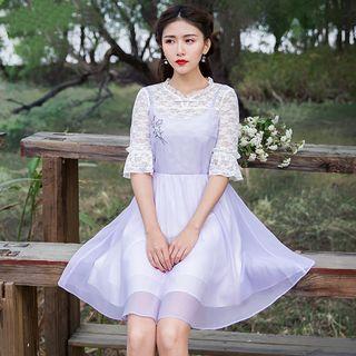 Set: Lace Top + Embroidered Dress