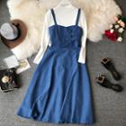 Set: Mock Neck Long-sleeve T-shirt + Corduroy Midi Pinafore Dress