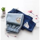 Distressed Cat Embroidered Drawstring Straight-fit Jeans