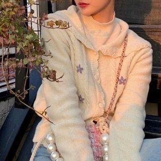 Polo-neck Floral Embroidered Cardigan