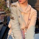 Polo-neck Floral Embroidered Cardigan