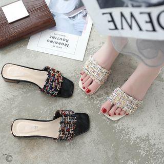 Square Toe Tweed Block Heel Slide Sandals