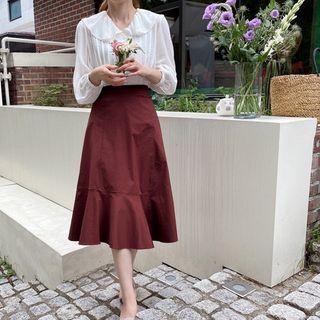 Band-waist Ruffle-hem Flare Skirt