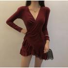 Long-sleeve Ruffle Hem Mini Wrap Dress