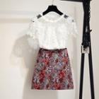 Short-sleeve Mesh Paneled Lace Top / Floral A-line Mini Skirt / Set