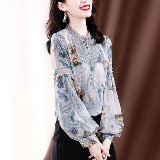 Bishop-sleeve Marble Print Silky Blouse