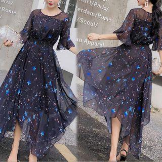 Elbow-sleeve Printed A-line Midi Chiffon Dress