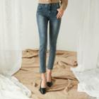 Band-waist Cropped Washed Skinny Jeans