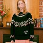 Nordic-patterned Cable-knit Sweater Navy Blue - One Size