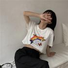 Lettering Butterfly Short-sleeve Cropped T-shirt