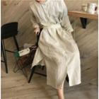 Striped Band-collar Long-sleeve Midi Shirt Dress