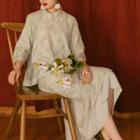 Set: Elbow-sleeve Print Cheongsam Top + High-waist Skirt