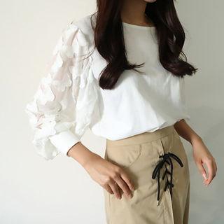 Round-neck Balloon-sleeve Butterfly Applique Top