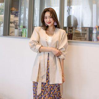 Open-front Linen Blend Jacket With Sash