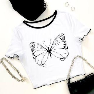 Short-sleeve Contrast Trim Butterfly Print T-shirt
