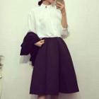 Set: Band Collar 3/4 Sleeve Blouse + Plain Midi Flare Skirt