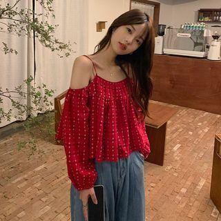 Long Sleeve Off-shoulder Pattern A-line Top Red - One Size