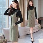 Set: Long-sleeve Top + Faux Suede Pinafore Dress