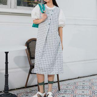 Short-sleeve Floral Check Midi Shift Dress