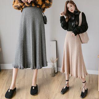Ruffle Hem Midi A-line Knit Skirt