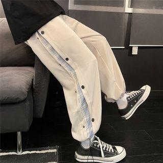 Plaid Panel Button-up Cropped Harem Pants