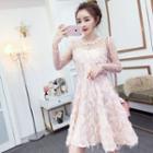 Long-sleeve Lace Trim Feathered A-line Dress