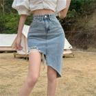 High-waist Asymmetrical Frayed Denim A-line Skirt