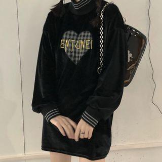 Long-sleeve Lettering Heart Embroidered Mock-neck Mini Dress Yellow & Gray & Black - One Size